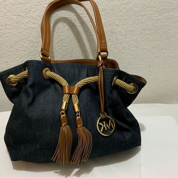 Michael Kors Marina Large Tie Navy Drawstring Bucket Canvas Leather Bag Rare - Picture 3 of 15